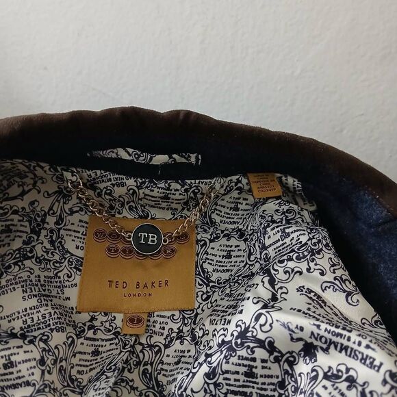 Ted baker womens US size 4 blazer blue 100% wool brown elbow patchwork - Picture 8 of 9